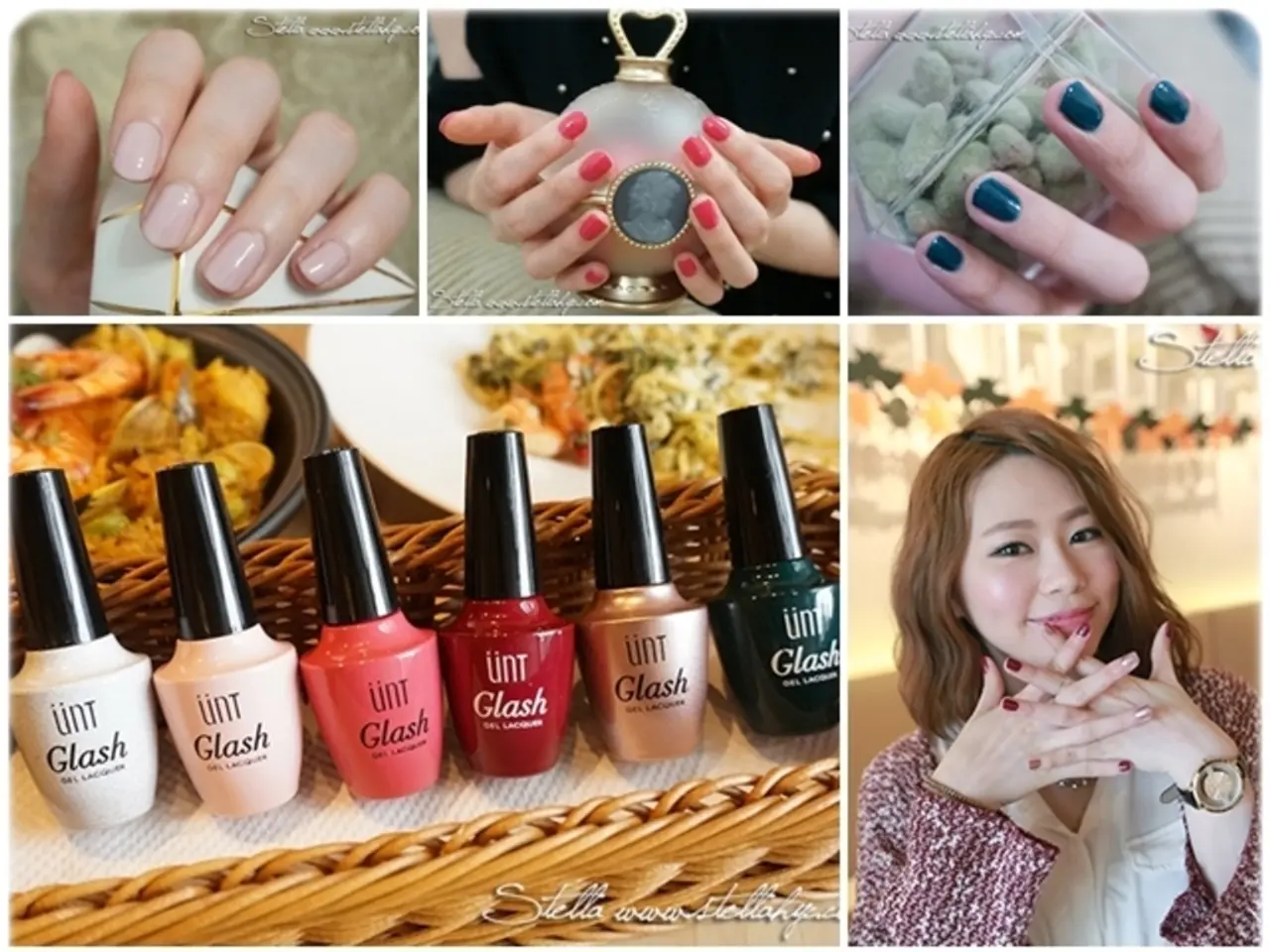 This is a collage image. In this image we can see nail polishes and persons applying nail polish to...