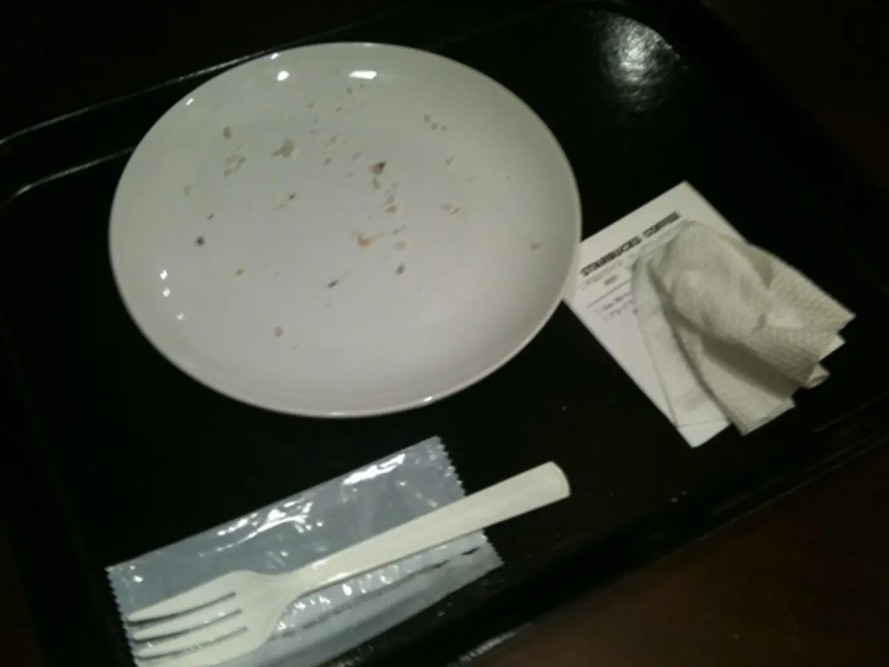 In the image there is a plate, fork, napkin, paper and a tray placed on the table.