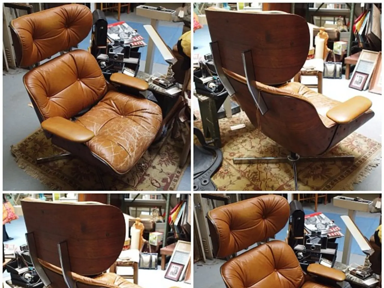 This is a collage picture of some room where in that room we can see chair, box, frames, racks,...