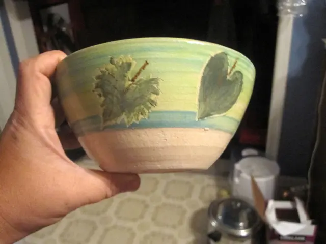 In this image I can see the person holding the bowl which is in green, blue and cream color. I can...
