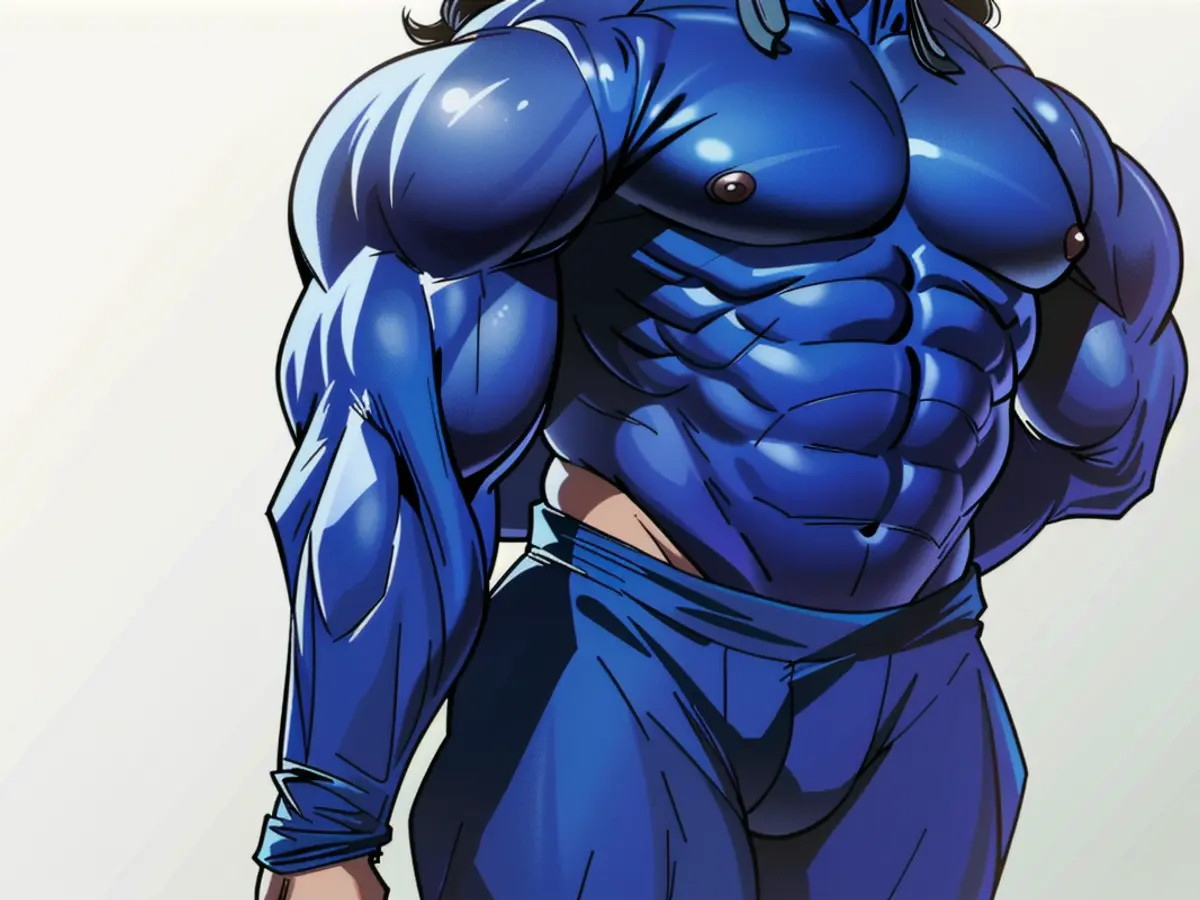 Individual in casual attire, with a blue hoodie drawn over the head and baggy jeans, casually positioned in the environment.